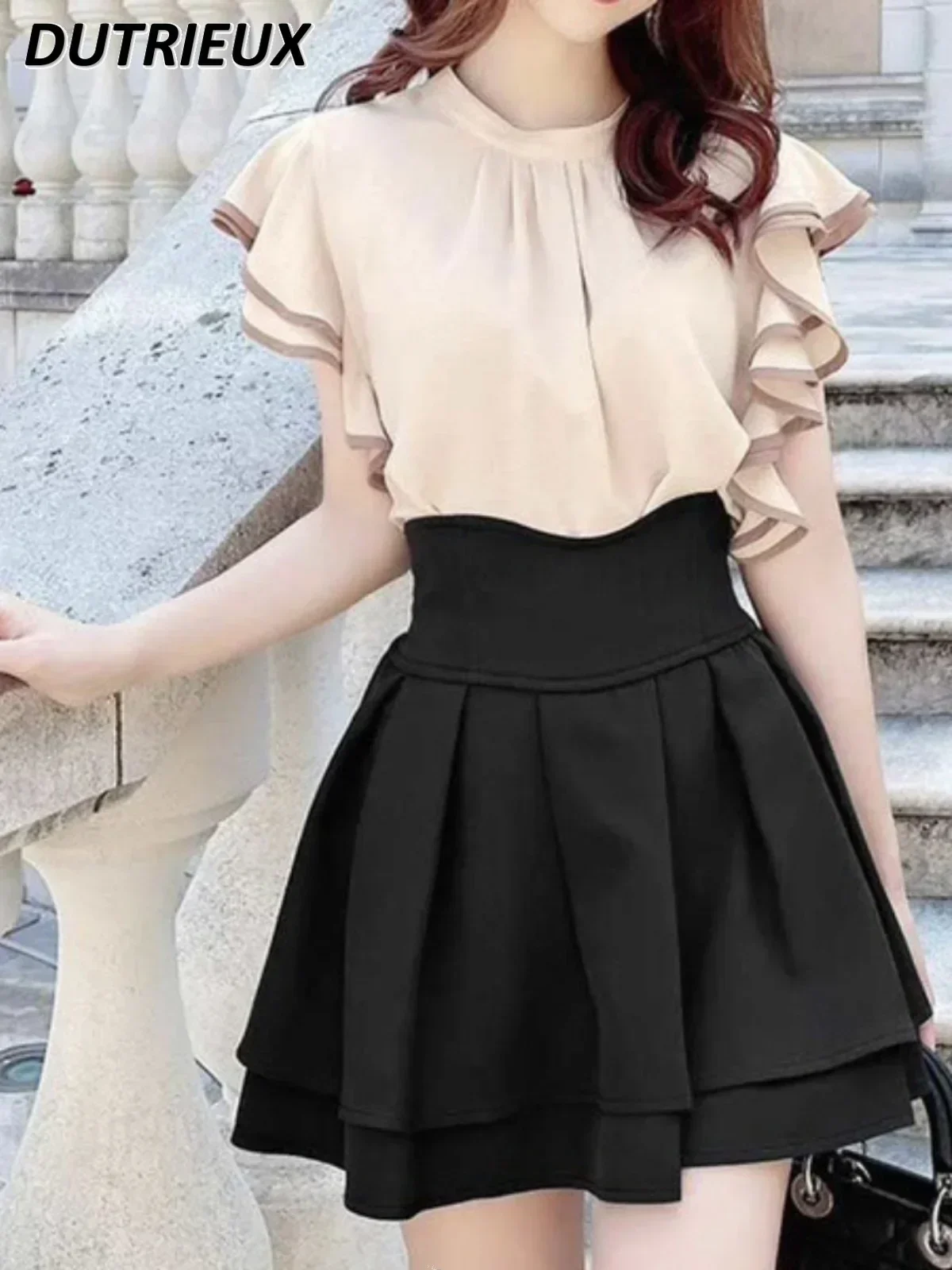 Japanese Lolita Black Skirts Women 2023 Spring Autumn New Radian Waistline Slim Short Pleated Skirt Female Mini Skirt Culottes