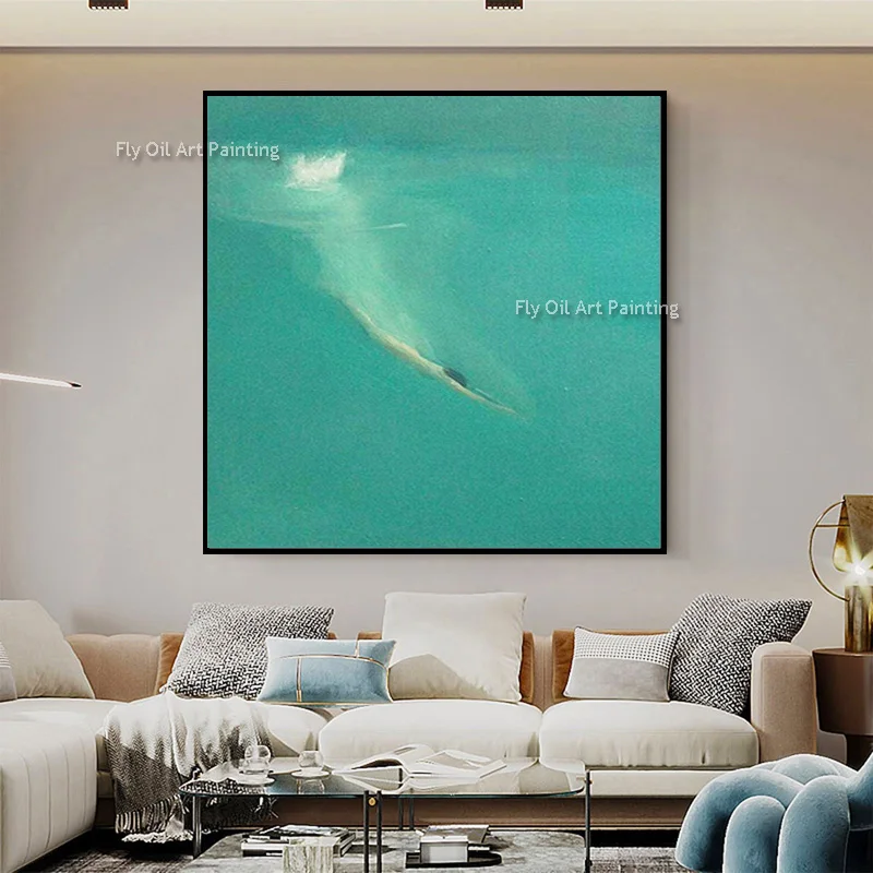 Simple Blue Women Swimming In The Sea Canvas Artwork Handpainted New Fashion Green Girl Swimming Oil Painting For Home Decor
