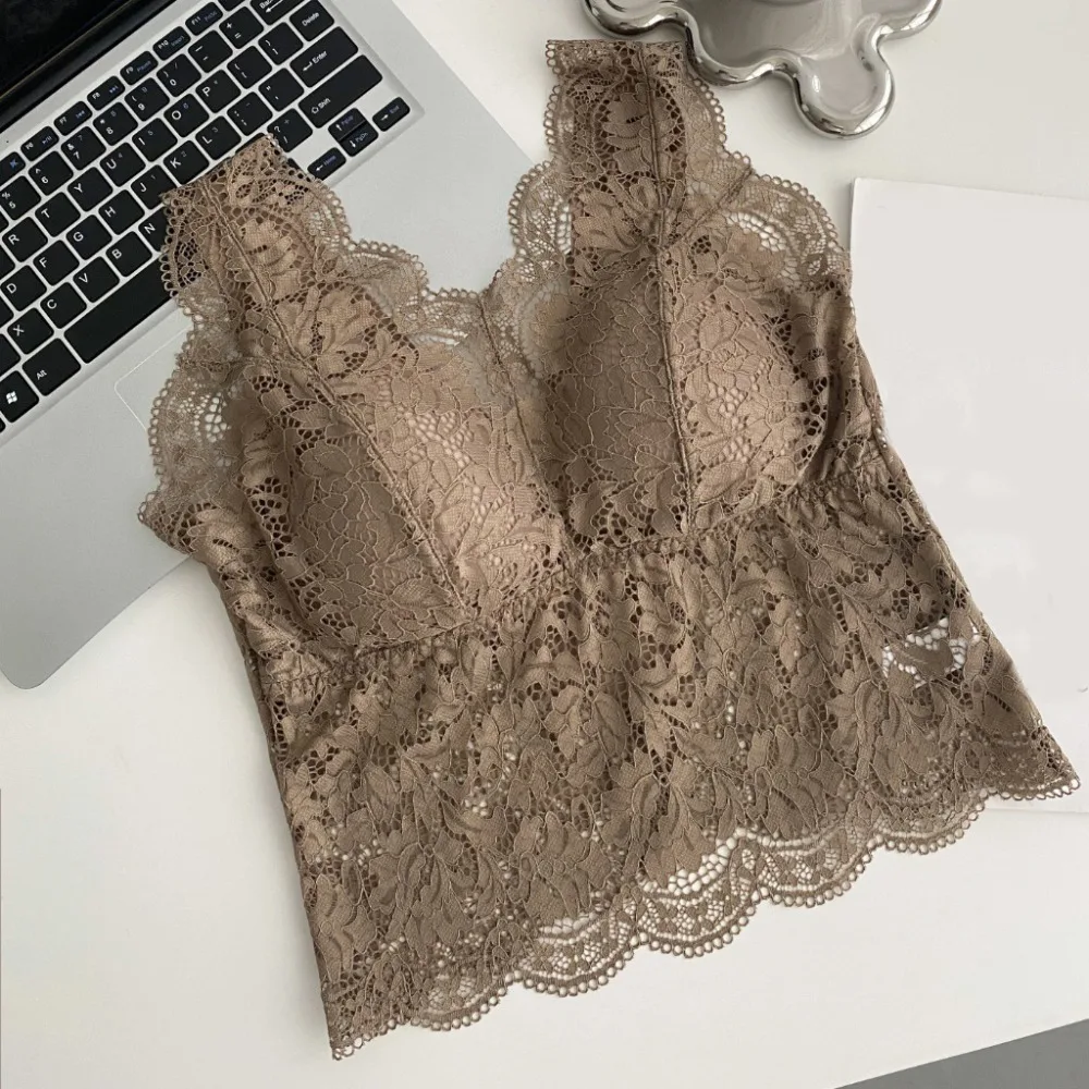 Fashion Mesh Thin Lace Deep V Camisole Transparent Sleeveless Suspender Vest Slim Fit Undershirt Camisole with Pads Women