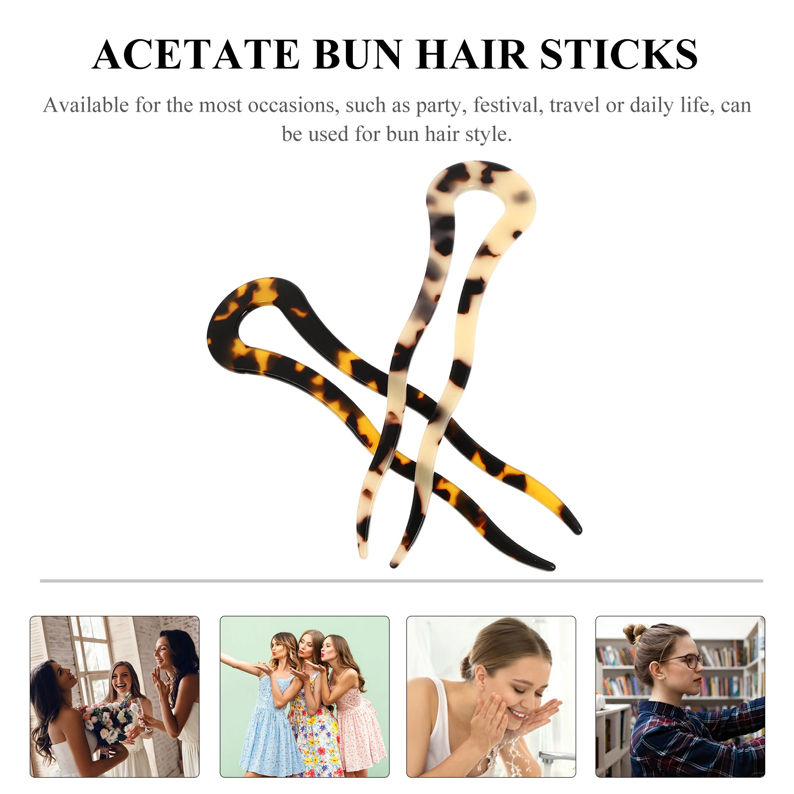 

2 Pcs U Shaped Hairpins Deep Light Tortoise Acetate Bun Sticks Wavy Chignon Accessories French Style Hair Decorations