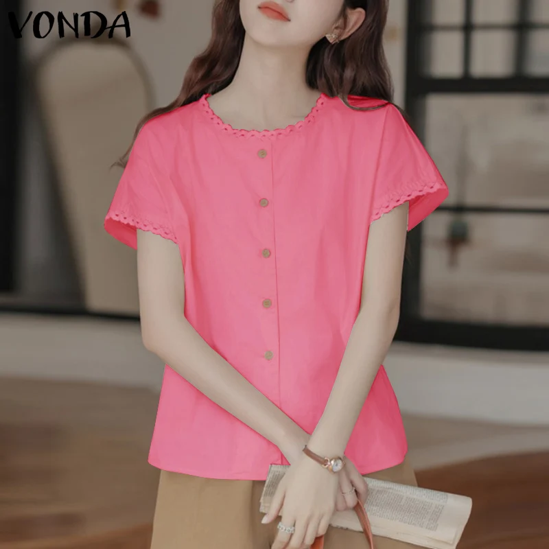 

VONDA 2025 Fashion Summer Women Blouses Casual Solid Color Shirts Short Sleeve Buttons Tunic Loose Tops Korean Blusas Femininas
