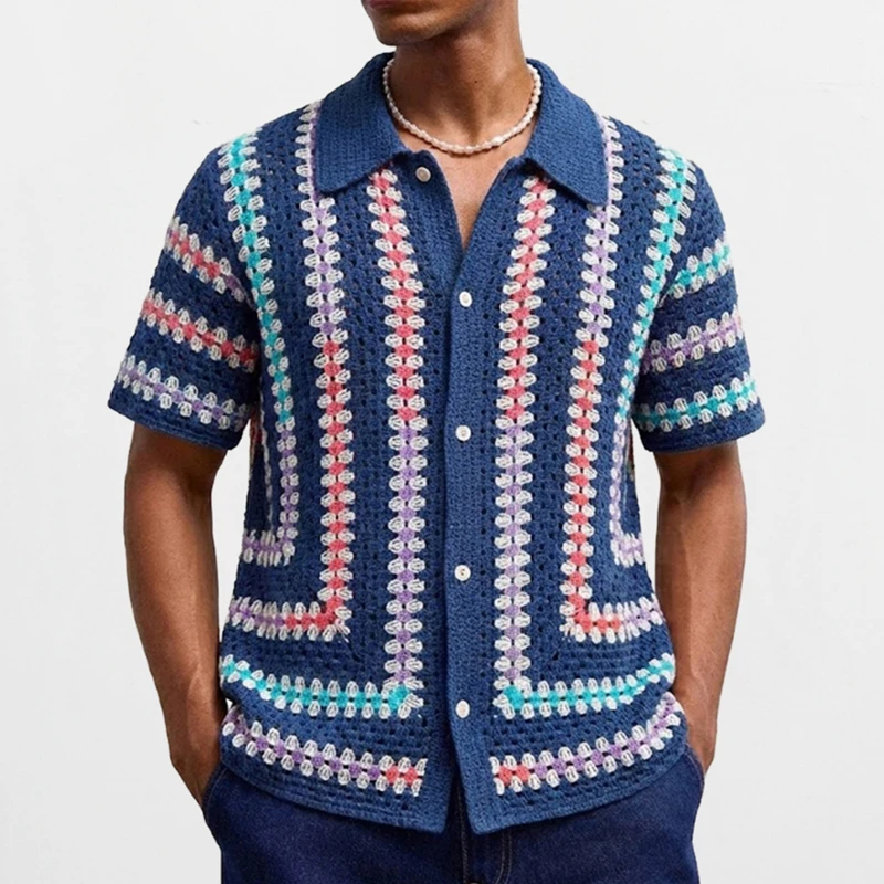 Fashion Men's Summer Retro Crochet Knit Shirt Casual Hollow Short Sleeved Knitted Polo Shirt Cardigan Tops Men T-shirt SY0074