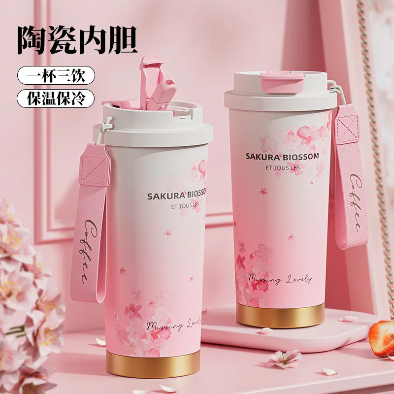 500ML Cherry Blossom Coffee Cup Vacuum Flasks  316 Stainless Steel Thermos Cup High Value High Sense Light Luxury  Water Bottle