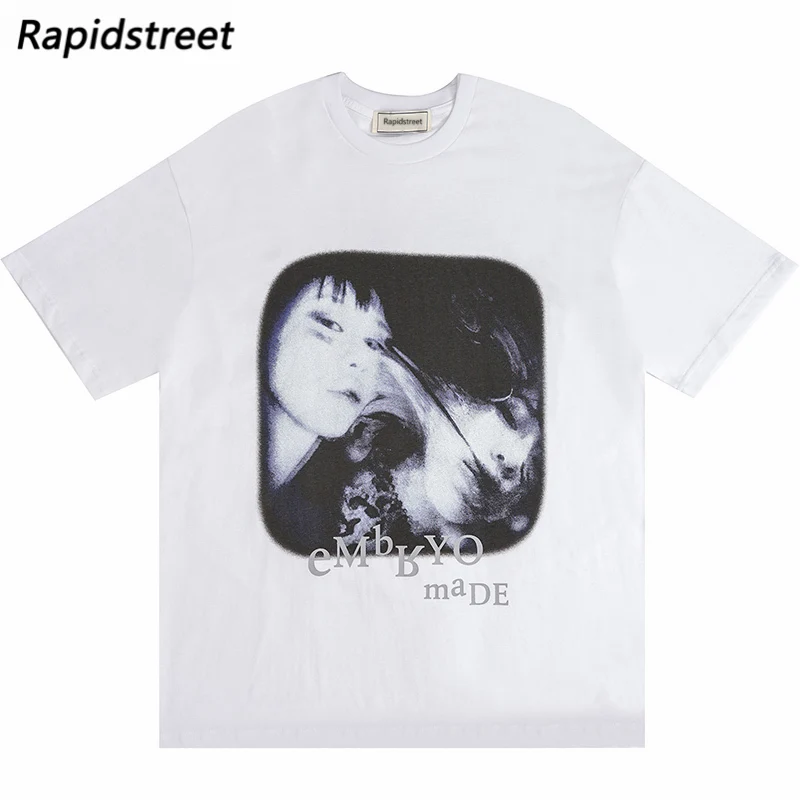 Men Hip Hop Streetwear T-Shirt Illusion Girl Letter Print T Shirt Harajuku Cotton Casual Tops Tees Short Sleeve Tshirt