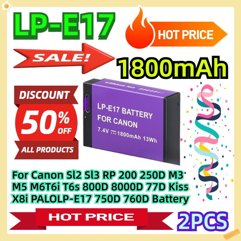 

For Canon Sl2 Sl3 RP 200 250D M3 M5 M6T6i T6s 800D 8000D 77D Kiss X8i PALOLP-E17 750D 760D Battery 2pcs
