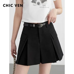 CHIC VEN Women Short Skirts New High Waist Wide Leg Casual Pants A-line Pleated Sports Female Shorts Skirt Summer 2024