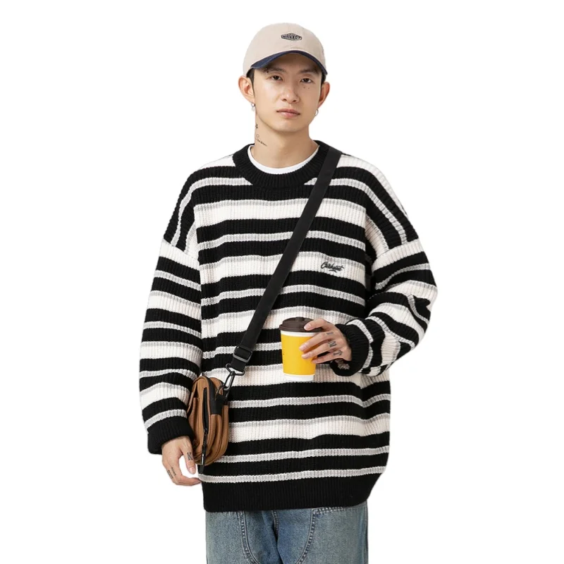 Autumn Winter Men's Retro Contrasting Striped Embroidery Sweater Loose Fit Casual Round Neck Knitted Pullover Sweater Jacket