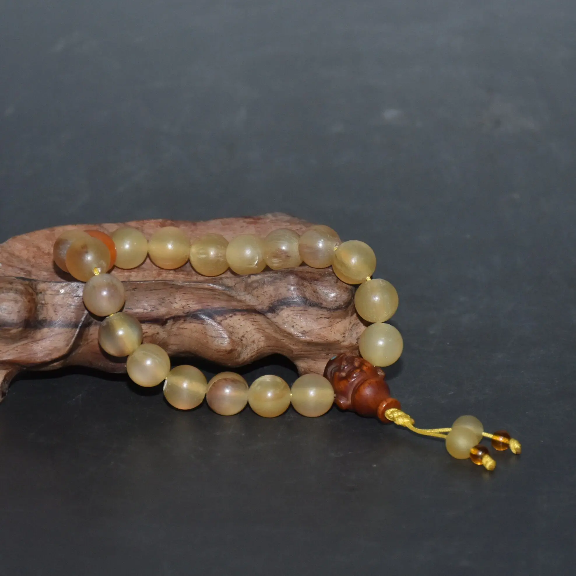 Natural Sheep Horn 18 Round Beads Bracelet, Hand Carved Bone Maitreya Buddha Head Inlaid Turquoise Pendant, Vintage Prayer Beads
