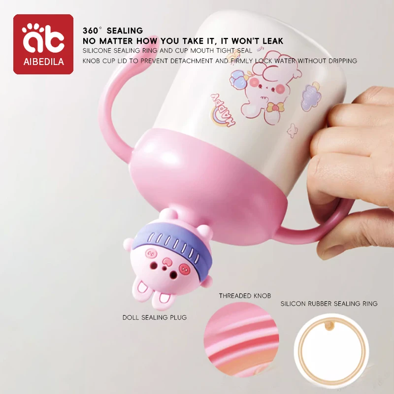 AIBEDILA Kid Water Cups Insulated Stainless Steel Straw Water Bottle Baby Learning Drinking Cup With Double Handle Leakproof