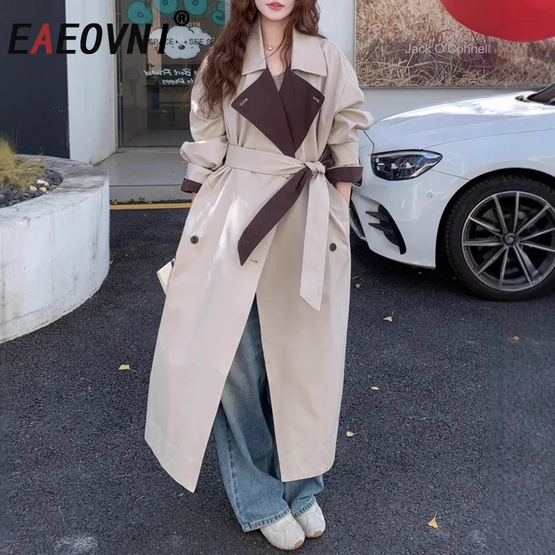 

EAEOVNI хаки контрастного цвета ветровка женская мода винтажный пояс с лацканами со сборкой на талии плащ осенняя новая одежда