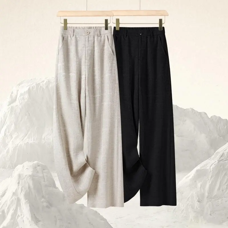 

Шелковые брюки с высокой талией и вышивкой, женские универсальные повседневные брюки, новинка 2024 года, модные длинные брюки из тонкого льняного материала