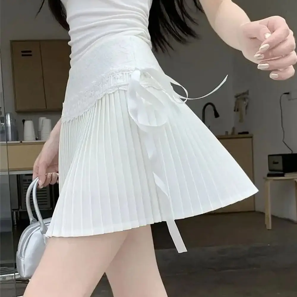 

White High Waist Pleated Skirt Multi-Size Gentle Wind Sweet Short Skirt Lace Splicing Bow Women's Fashion Accessories for Girls