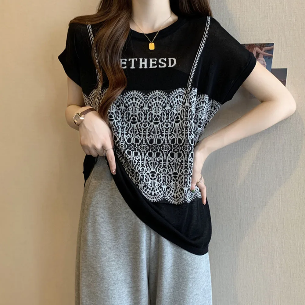 Summer French Style Fake Two Short Sleeve T-shirt Women's Fashion Letter Lace Print Tees Woman Elegant Oversize Loose Tops Lady