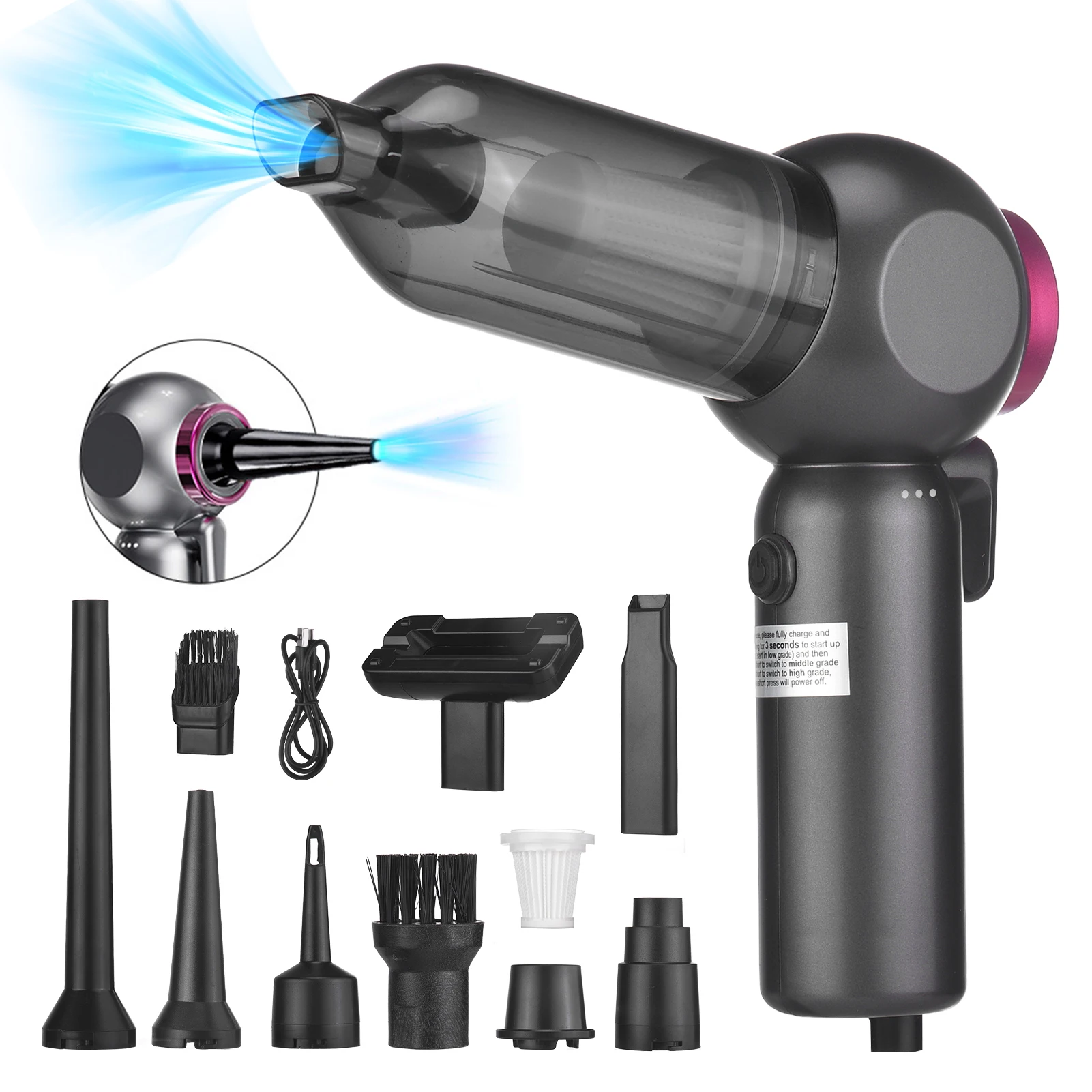 

Multifunctional Car Vacuum Cleaner Portable 2in1 Cordless 16000PA Air Duster with 8cps Suction Blower with Window Breaker
