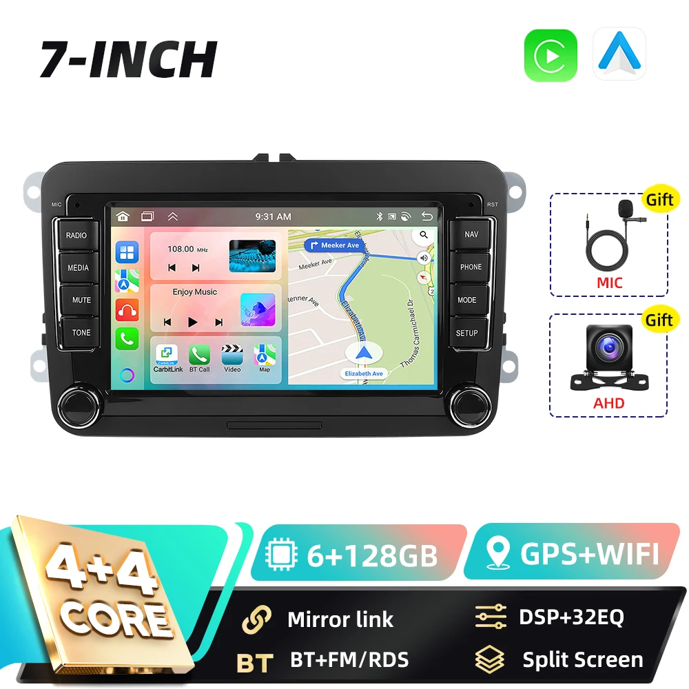 Podofo 7-Zoll Android 2Din Autoradio für VW POLO Seat Altea JATTA PASSAT GOLF mit Carplay, Android Auto, GPS-Navigation, DSP, BT, FM, RDS