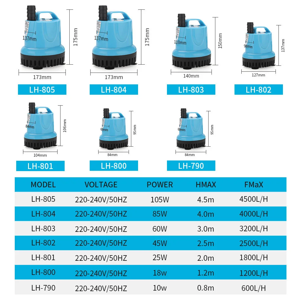 Submersible Water pump 10W/18W/25W/45W/60W 600-4500l/H 220V/110V, for aquarium, Fish Tank, temperature control, clean spout