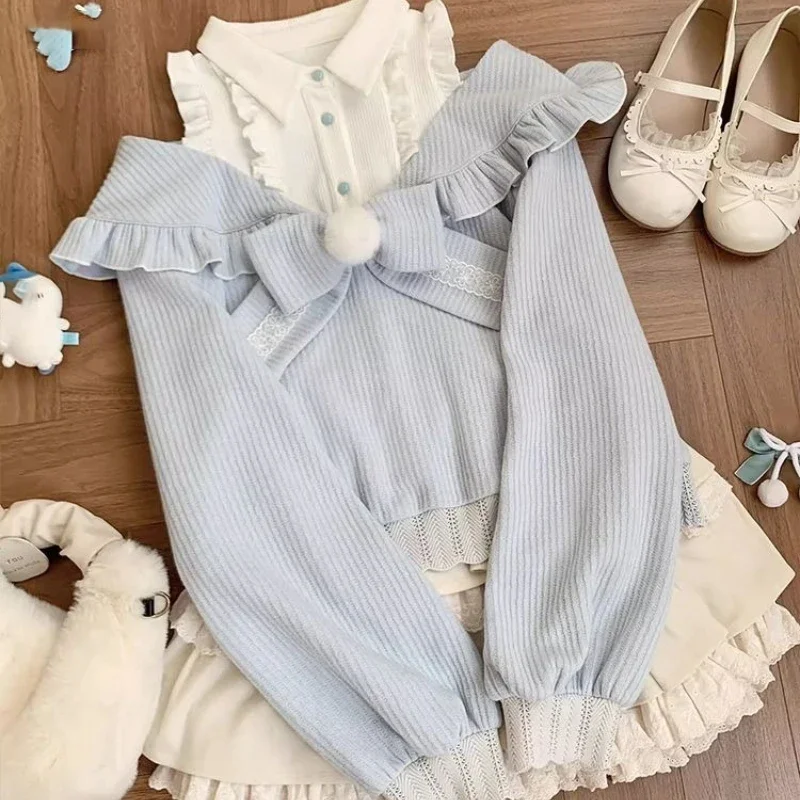 ชุดเซ็ต 2 ชิ้น สไตล์โลลิต้า น่ารักหวานแหวว เสื้อไหมพรมถักลายโบว์ กระโปรงสั้นลูกไม้ทรงเค้ก สำหรับผู้หญิง ฤดูใบไม้ร่วง สไตล์ฮาราจูกุ Y2k