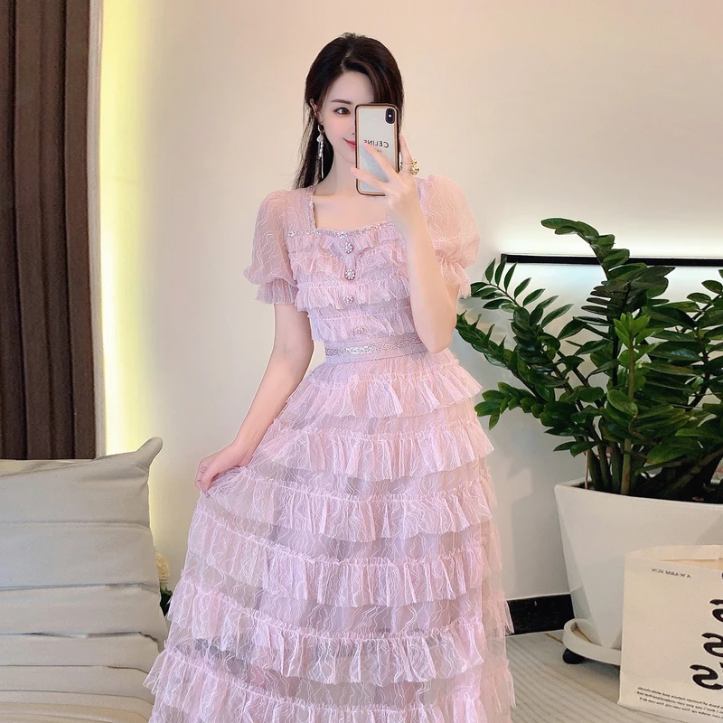 Luxury High Quality Women Summer Sweet Lace Long Dress Female Patchwork Mesh Beading Button Party Vestidos G326