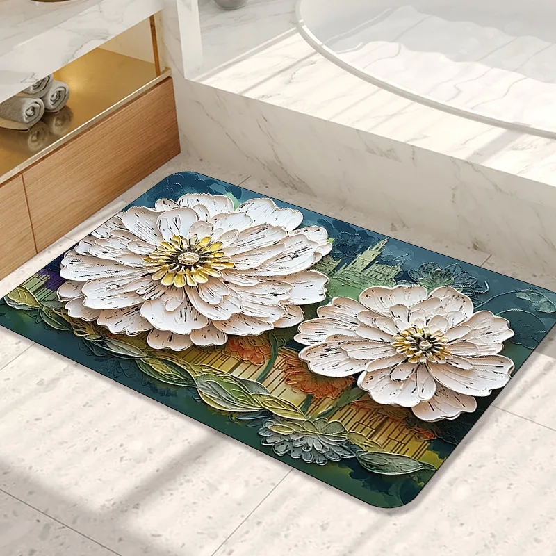 New Non-slip Water-resistant Dirty Soft Floor Mat Flowers Into The Door Mat 3d Oil Painting Visual Diatom Mud Floor Mat Bathroom