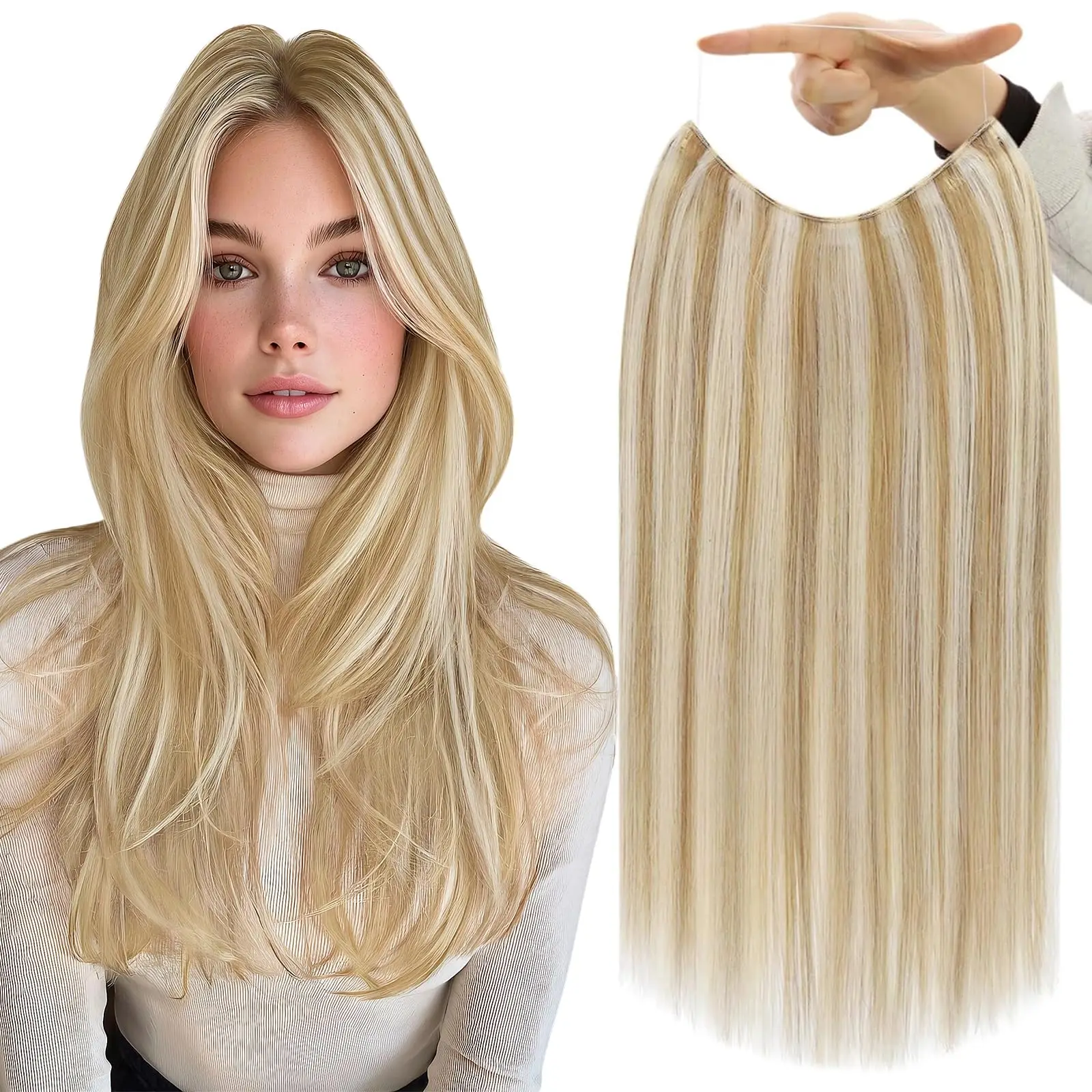 

One Piece Fish Line Hair Extensions 100% Human Hair 12-26 inch Natural Black For Invisible Scalp Top Coverage