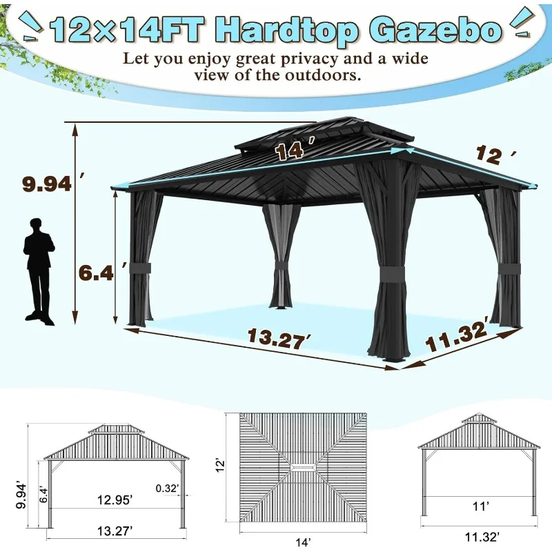 Outdoor 12’ X 14‘ Hardtop Gazebo with Galvanized Steel Double Roof, Metal Gazebo with Aluminum Frame, Nettings for Garden