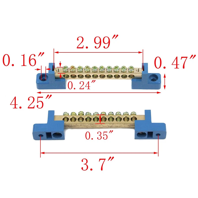 Terminal Block Blue Terminal Bus Bar 10 Positions Screw Brass Terminal Grounding Strip Bus Bar Block Pack of 5