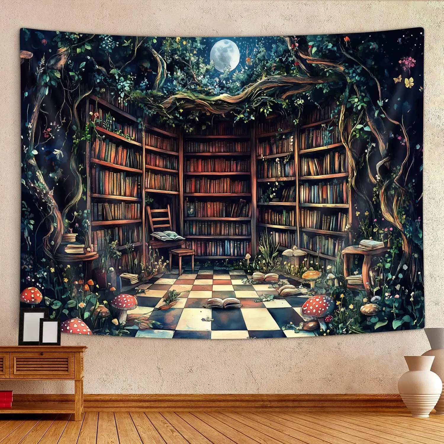 Magical Forest Tapestry, Fairytale Tree Magic Bookshelf Aesthetic Tapestries for Classroom, Witchy Fairy Tree Mysterious Vintage - view 3