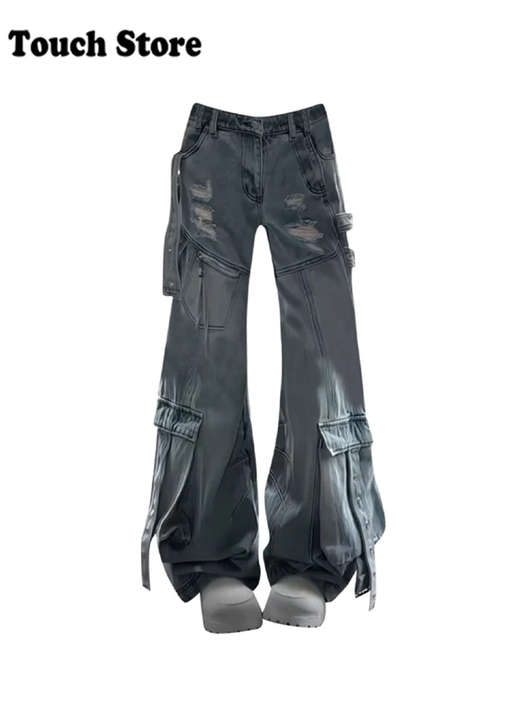 Women Harajuku Fashion Chic Cargo Jeans Grunge Japanese Baggy Y2K Denim Pants 2000s Aesthetic Trousers Abi Grunge Tide American