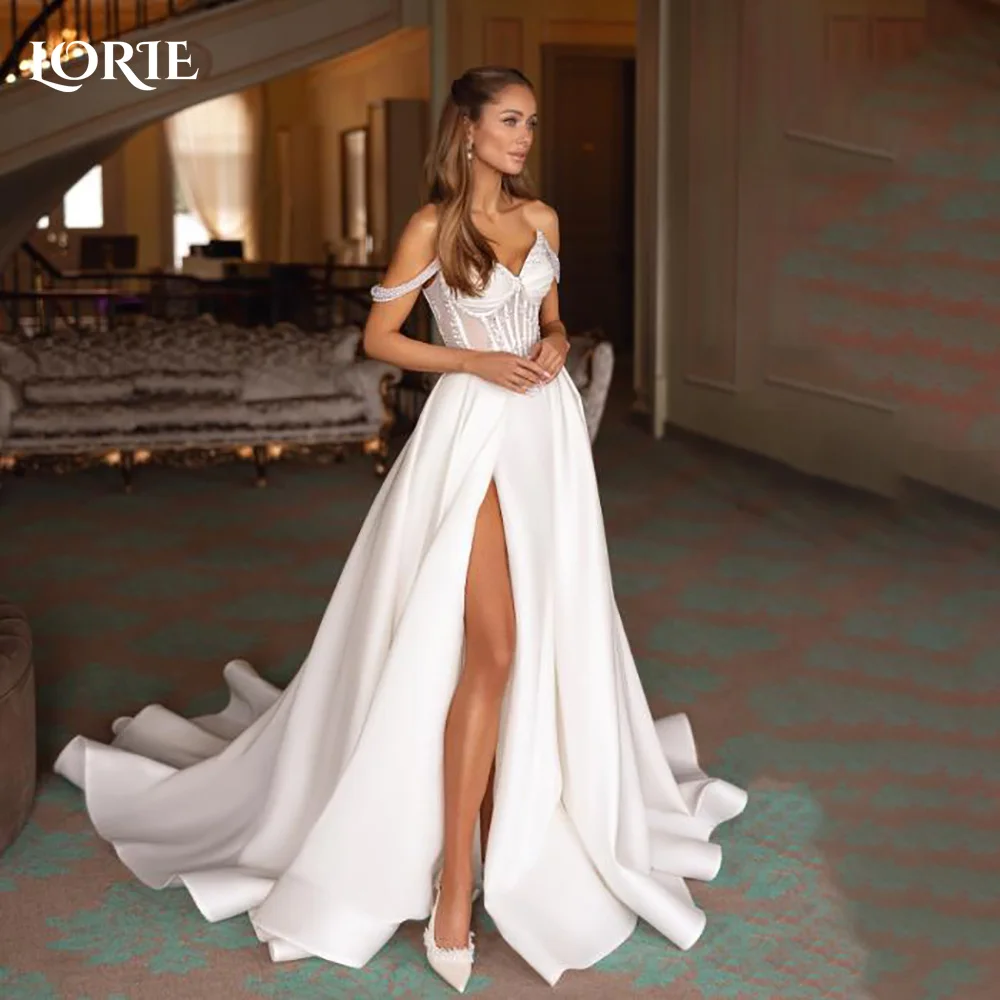 

LORIE Vintage Slit Wedding DressesPearls Off Shoulder Sweetheart A-Line Ivory Bridal Gown Pleats Princess Bride Dress Customized