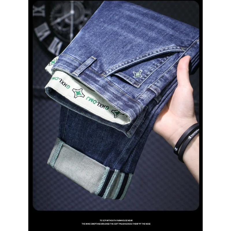 2024 Blauwe Jeans Heren Voor Lente En Zomer Diagonale Zak Eenvoudige Trendy High-End Water Wassen Borduurwerk Lange Skinny Broek