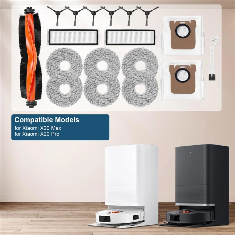 AT28-ensemble d'accessoires pour aspirateur Robot Xiaomi X20 Max/Xiaomi X20 Pro, brosse à rouleau, brosse latérale, lingettes, filtres, sacs à poussière