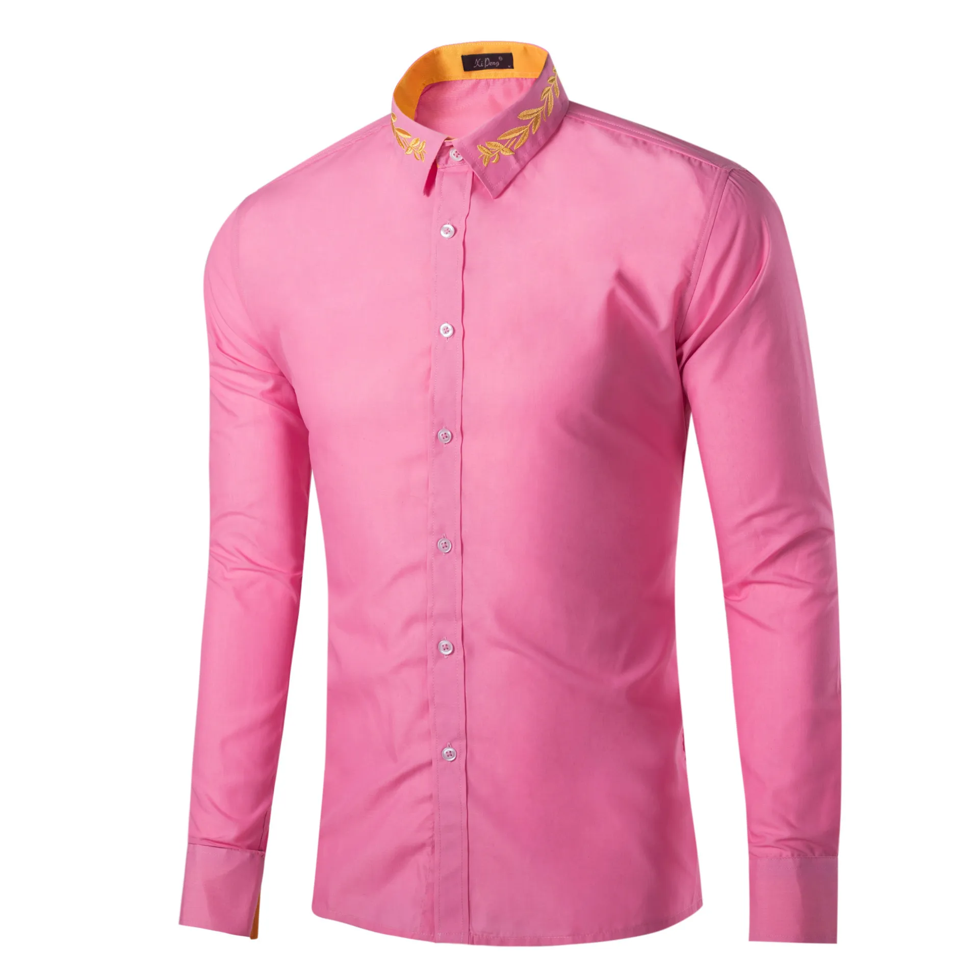 Gold Embroidery Mens Dress Shirts 2023 Brand Long Sleeve Wedding Groom Pink Shirt Men Casual Button Up Camisa Social Masculina