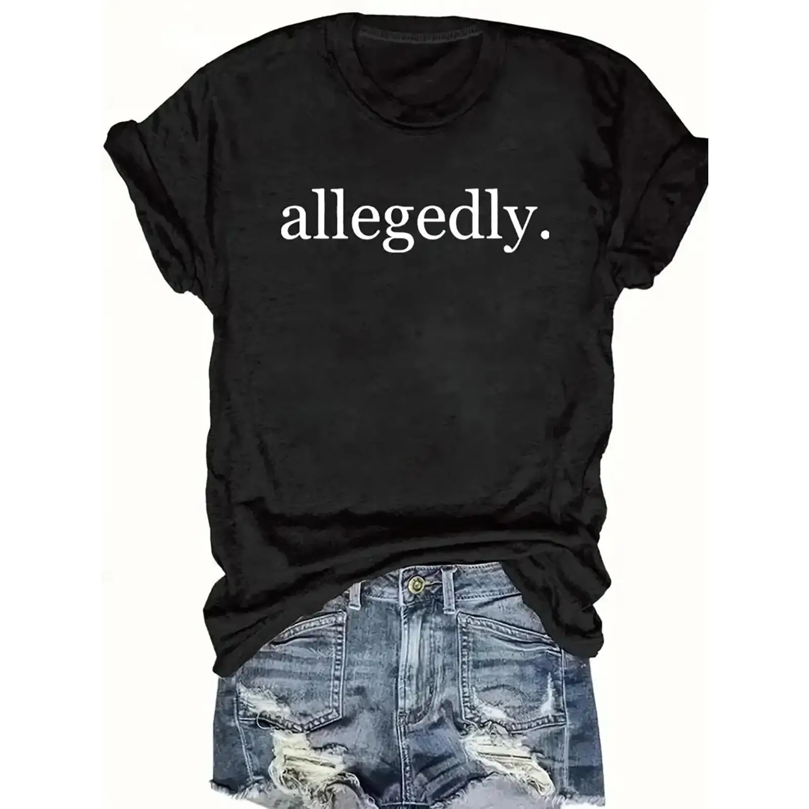 

Women's "allegedly" Print Round Neck Tee, Casual Short Sleeve Crew Neck T-shirt For Summer, Fashion Top For Daily Wear, Graphic
