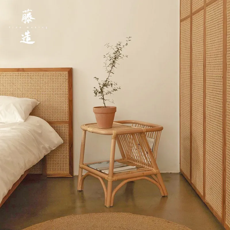 Rattan Side Cabinet with Magazine Rack,‌Bohemian Square Woven tea Table,Vacation Rental End Table,Modular Nesting Sofa SideTable