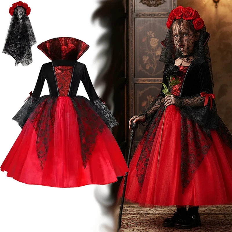 2026 Halloween Girls Cosplay Vampire Halloween Dress For Kid Ghost Bride Gothic Costume Count Vampiran Carnival Party 2-14 Years