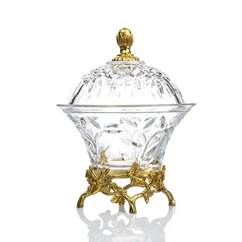 European transparent crystal glass with copper candy jar with lid, snack luxury jewelry storage box, living room entrance orname