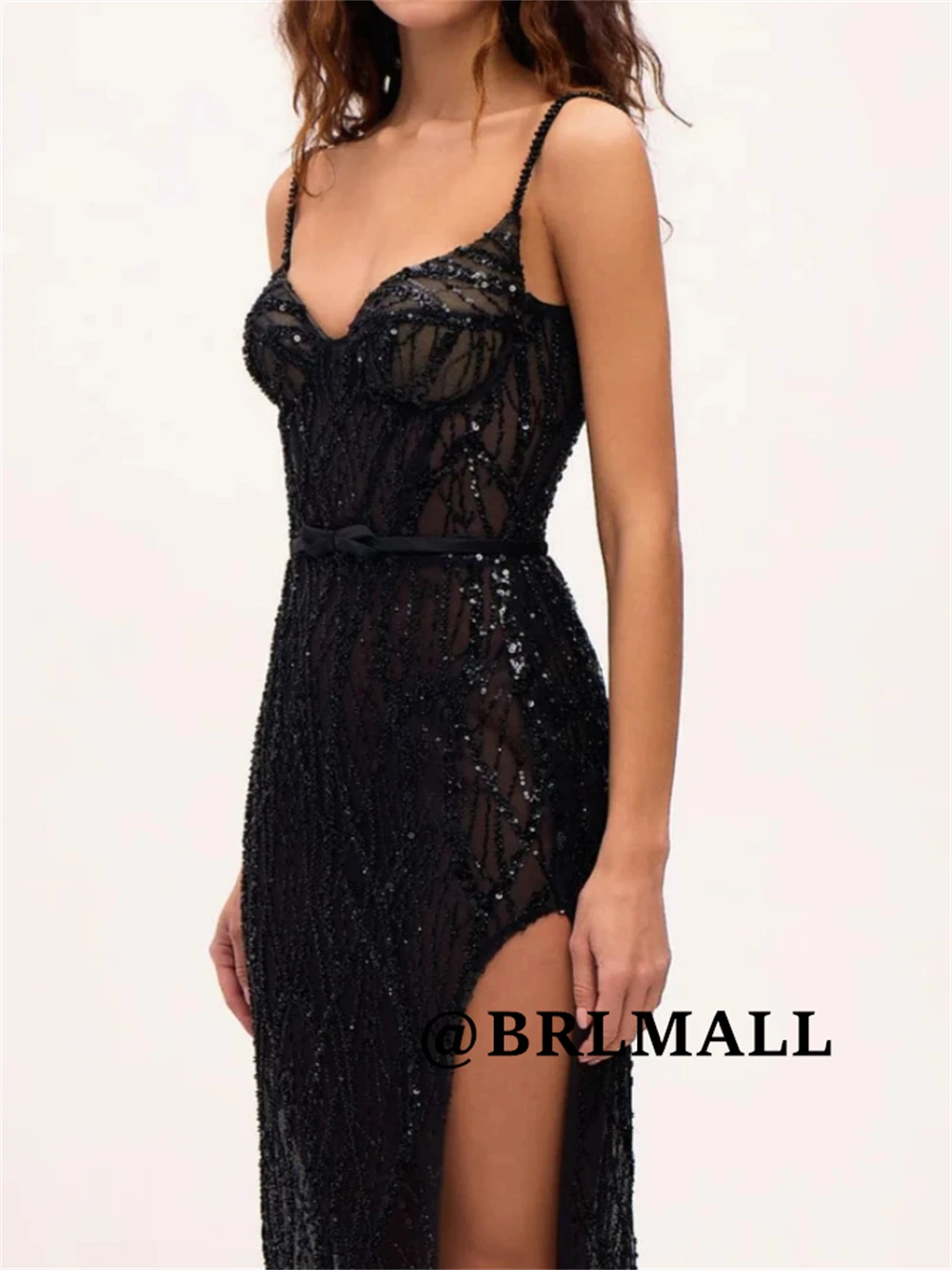 

BRLMALL Black Sequined Lace Evening Dress for Women Spaghetti Straps Long Sheath Illusion Party Prom Gown Customized Dresses