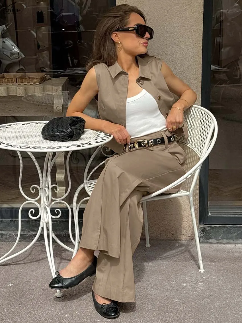 Oymimi أزياء المرأة القطن البني 2 قطعة مجموعة الزي الأنيق التلبيب أكمام واحدة الصدر القمصان ومجموعات السراويل المستقيمة #4