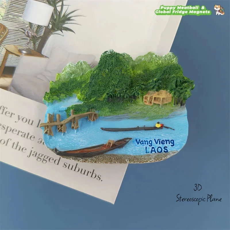Lao Wan Long Nam Song River paisaje imán magnético para refrigerador recuerdo de viaje resina 3D decoración del hogar imán Decoración