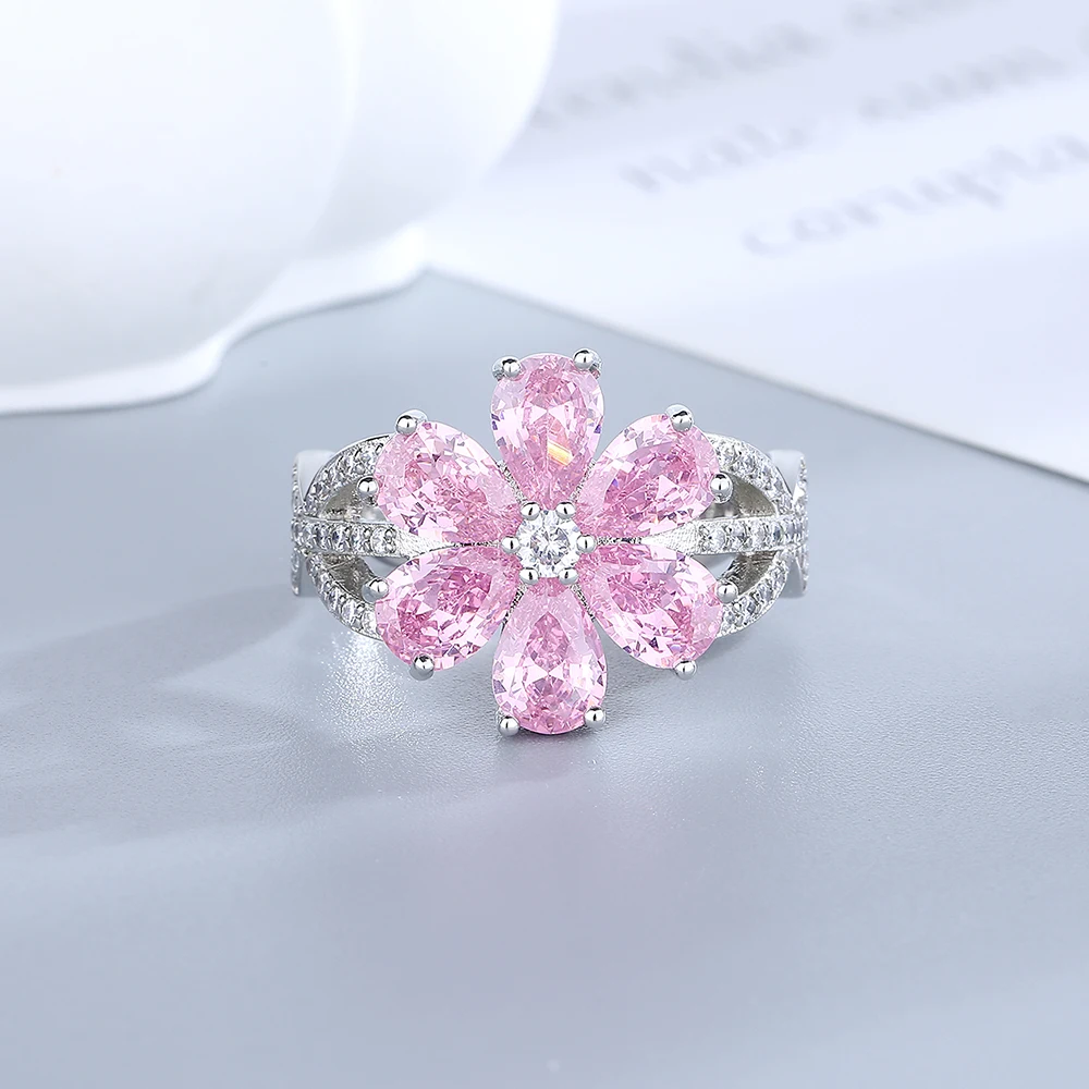 Pink Yellow Flower Sparkling Zircon Engagement Wedding Ring 18K Gold Plated White Gold Plated Jewelry