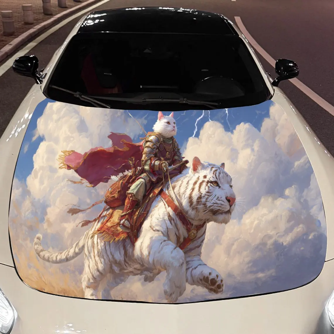Brave Cat Knight Car Hood Stickers - Self-Adhesive, Waterproof and Durable Vinyl Wrap, Decorate And Protect Your Car, Fit For Al