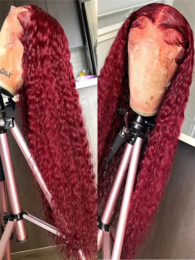 99J Burgundy 30 36 Inch Deep Wave 13x6 HD Lace Front Human Hair Wigs Vietnamese Wine Red Loose Curly 13x4 Lace Frontal Wig Pre Plucked image 4