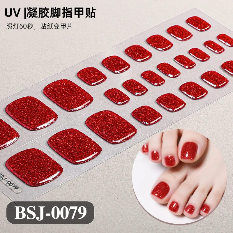 26팁 플래시 파우더 프렌치 화이트 세미 큐어드 UV 젤 네일 스티커 누드 컬러 발톱 착용 가능한 짧은 플랫 쉐입 발가락 스티커