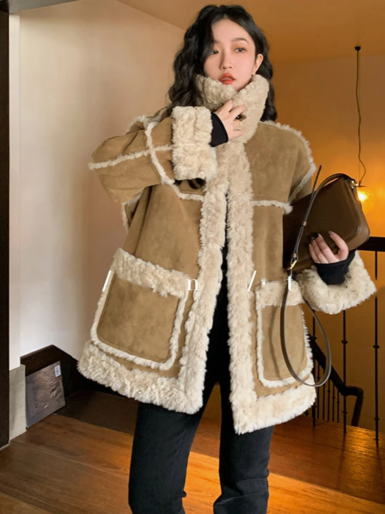 Autumn/Winter New Suede Jacket  Lamb Fur Integrated Coat Women\'s Thickened Sheepskin Fashion Loose Parka Coat Women Outerwear