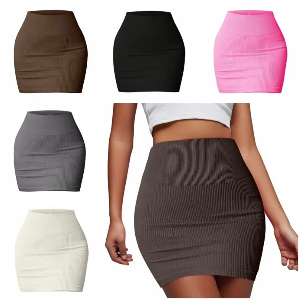 

Сплошная цветная спортивная юбка в рубчик с высокой талией, эластичная тонкая бесшовная узкая юбка, эластичная мини-юбка, короткая юбка для женщин