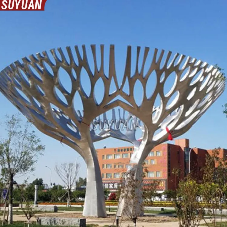 Large Modern Landmark Custom Engraved 3D Stainless Steel Tree Sculpture-Custom Color & Logo Outdoor City Icon