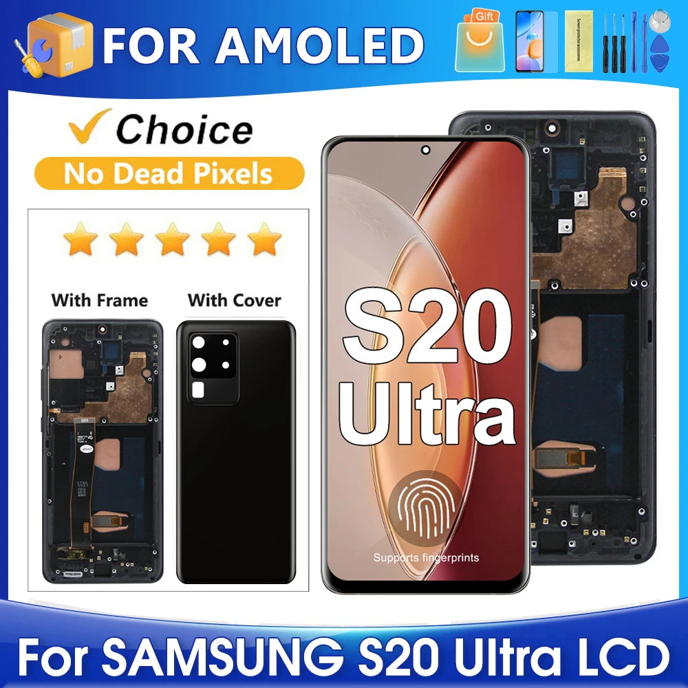 S20 Ultra Screen Replacement AMOLED For Samsung S20U LCD Display SM-G988 SM-G988B/DS Touch Digitizer With Frame