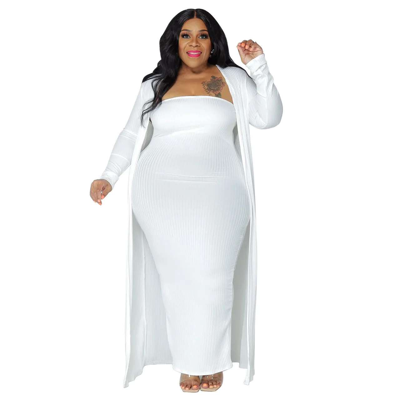 L-4XL 2024 Winter Plus Size Jurken voor Vrouwen Tweedelige Sets Effen Kleur Lange Mouw Jas en Jurk Past Sexy Casual groothandel