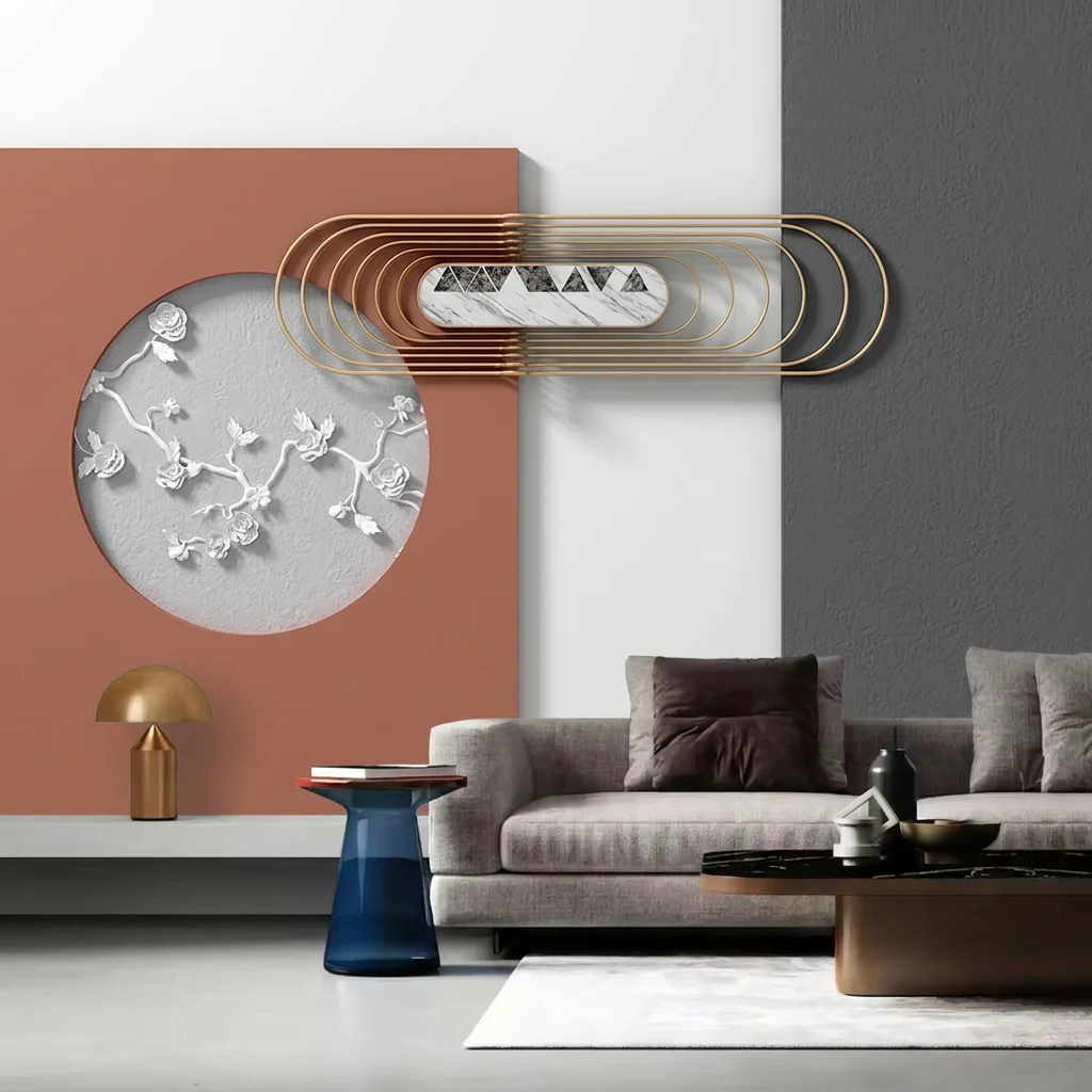 Circular floral branch relief, metal lines and geometric color blocks, bedroom background wall, self-adhesive material