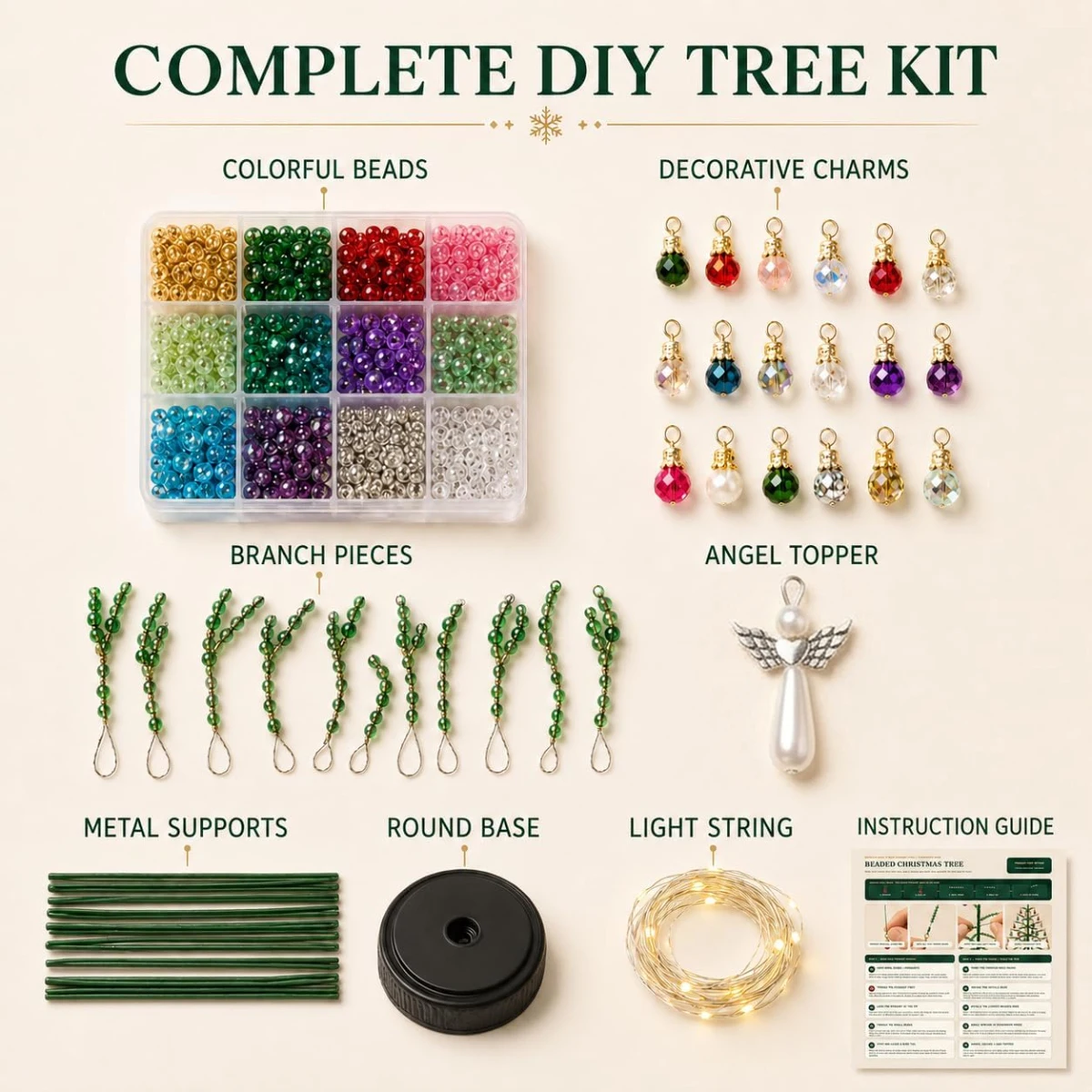 DIY Beaded Mini Christmas Tree Kit Colorful Beads Holiday Craft Set with LED Lights String for Desktop Christmas Tree Decoration